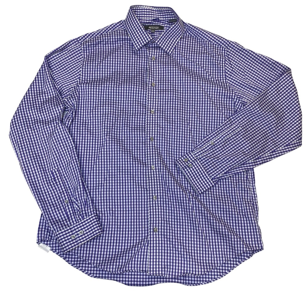 Kenneth Cole Reaction Dress Shirt Mens XL Purple Check Slim Fit Button Up
